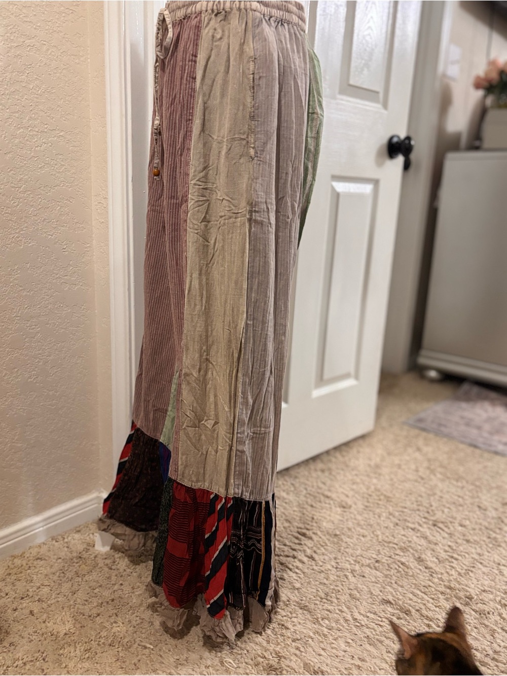 Boho Patchwork Boot-Cut Pants in Taupe & Beige. Pockets!💕 - Picture 4 of 10
